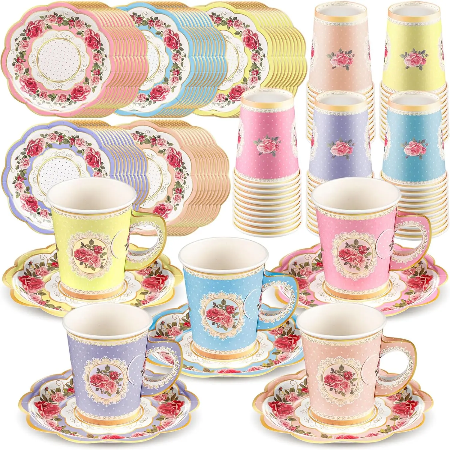 

100 Pcs Tea Party Decorations Include 50 Pieces 9 oz Paper Tea Cups with Handle and 50 Plates Disposable Teacups and Sau