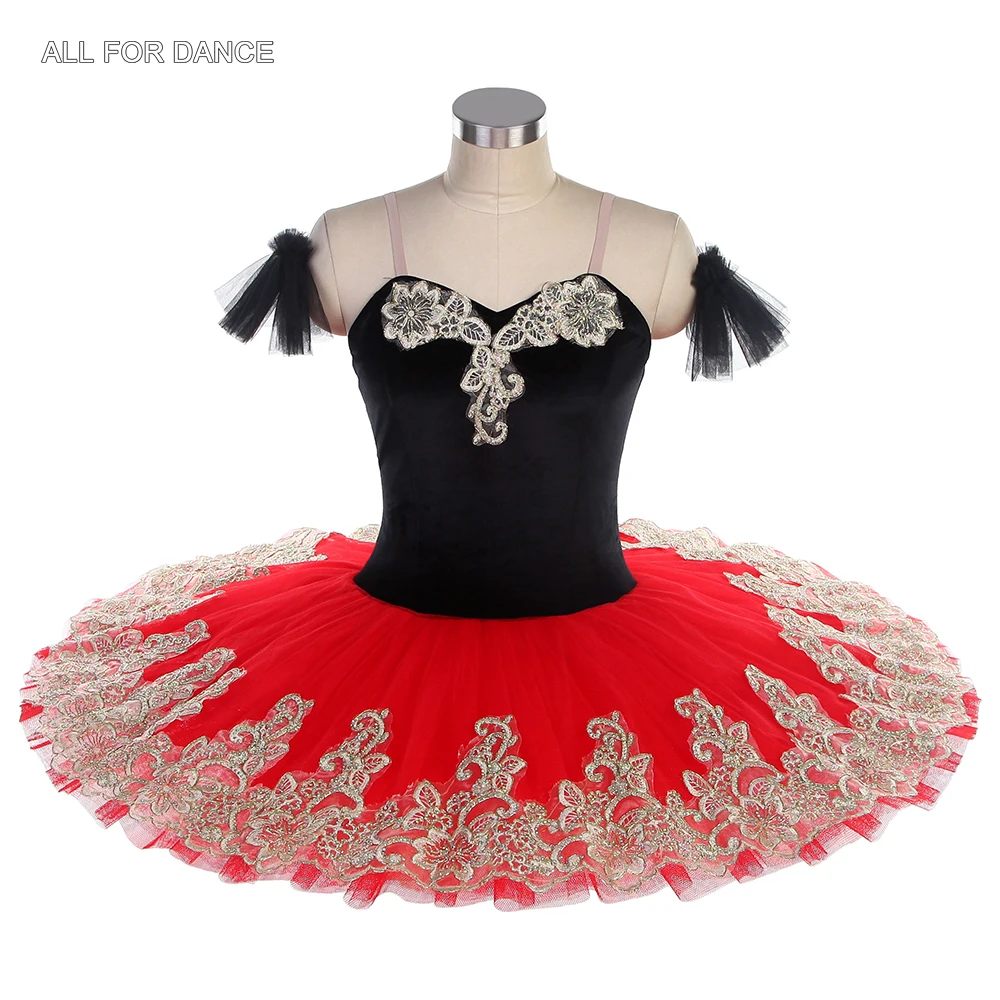 

BLL404 Black Stretch Velvet Bodice with Red Pancake Tutu Skirt Girls & Women Pre-Professional Ballet Tutu Performance Costume