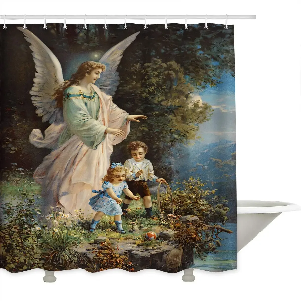 Fantasy Star Durable Waterproof Shower Curtains Angel and Pure Child in Mythology Machinee Bathroom Decor