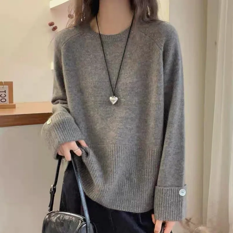 Koreanischer Damenpullover Herbst Winter Strickpullover Damenpullover aus 100 % reiner Wolle lose große Größe weiche wachsartige Unterseite Strickwaren