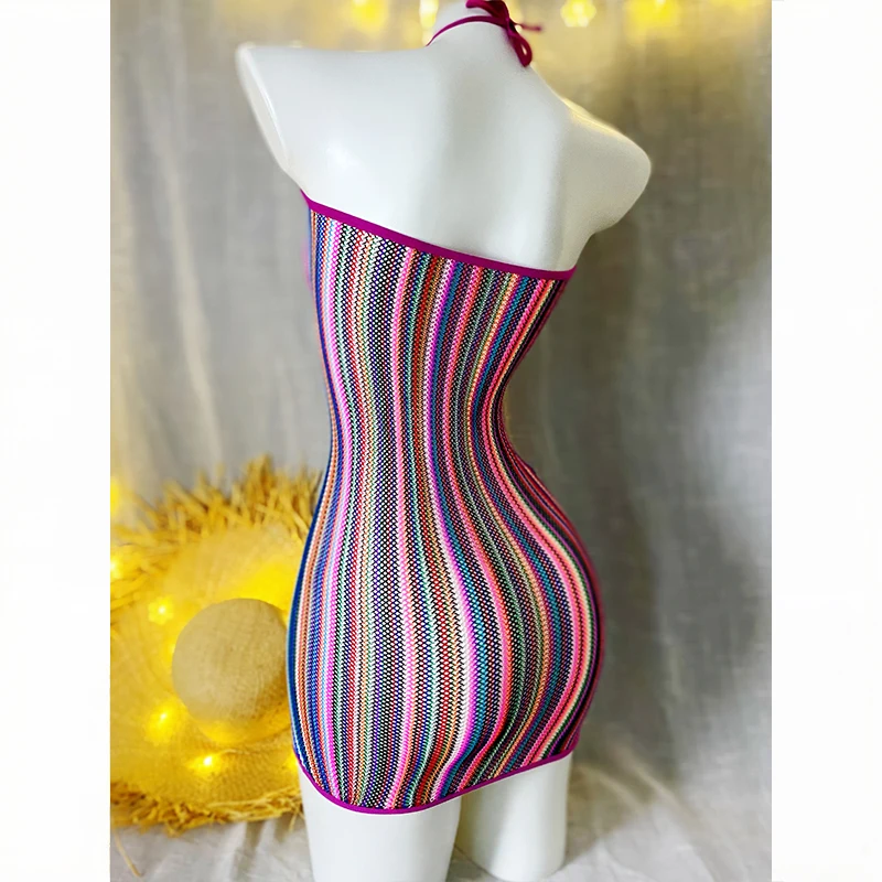 Women Rainbow Striped Cover Up Fishnet Bodycon Dress Halter Elastic Hollow Out Swimsuit Festival Beach Vacation