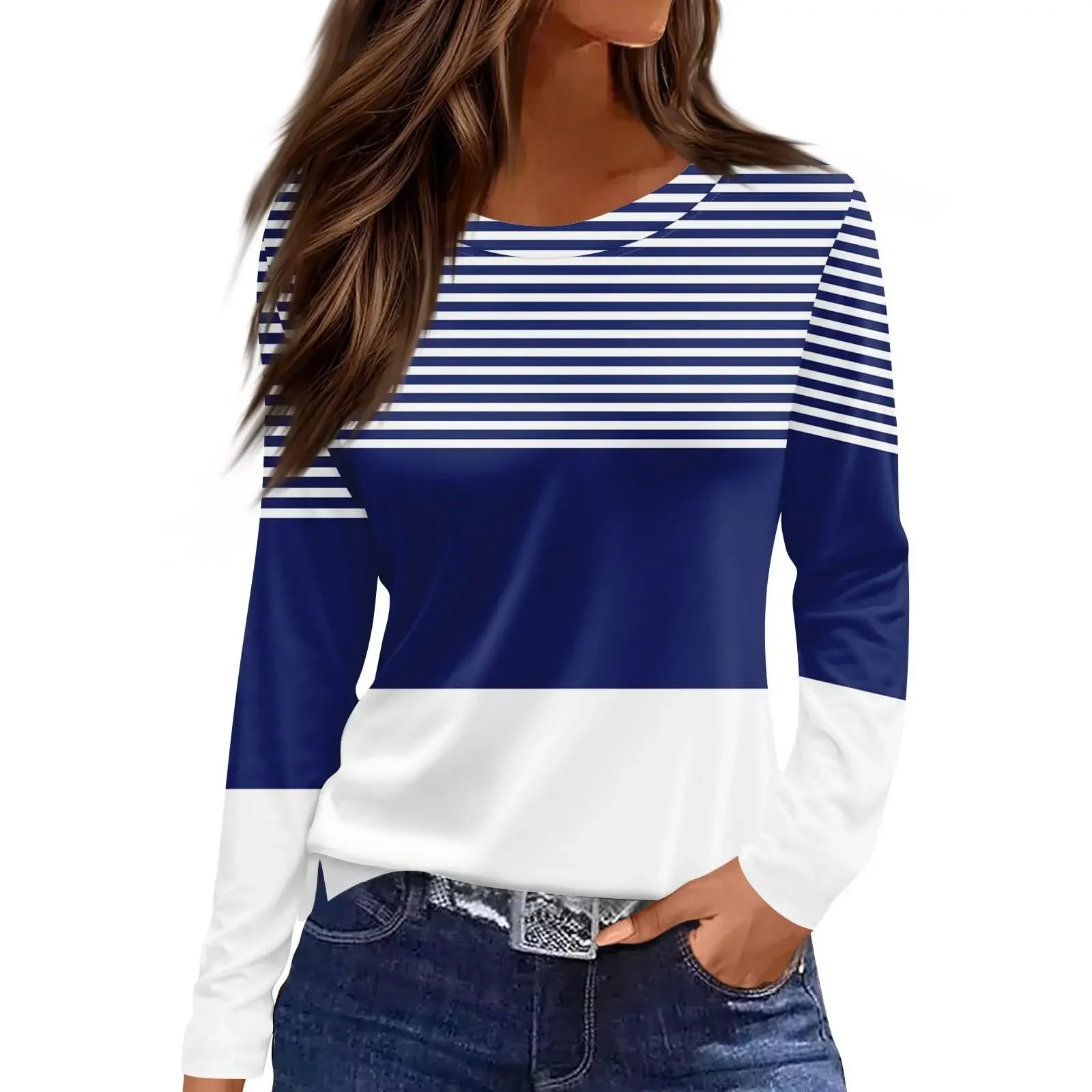 Camiseta holgada informal con estampado de rayas degradadas en 3D para mujer, Top de fin de semana de vacaciones Regular con cuello redondo y manga larga a la moda