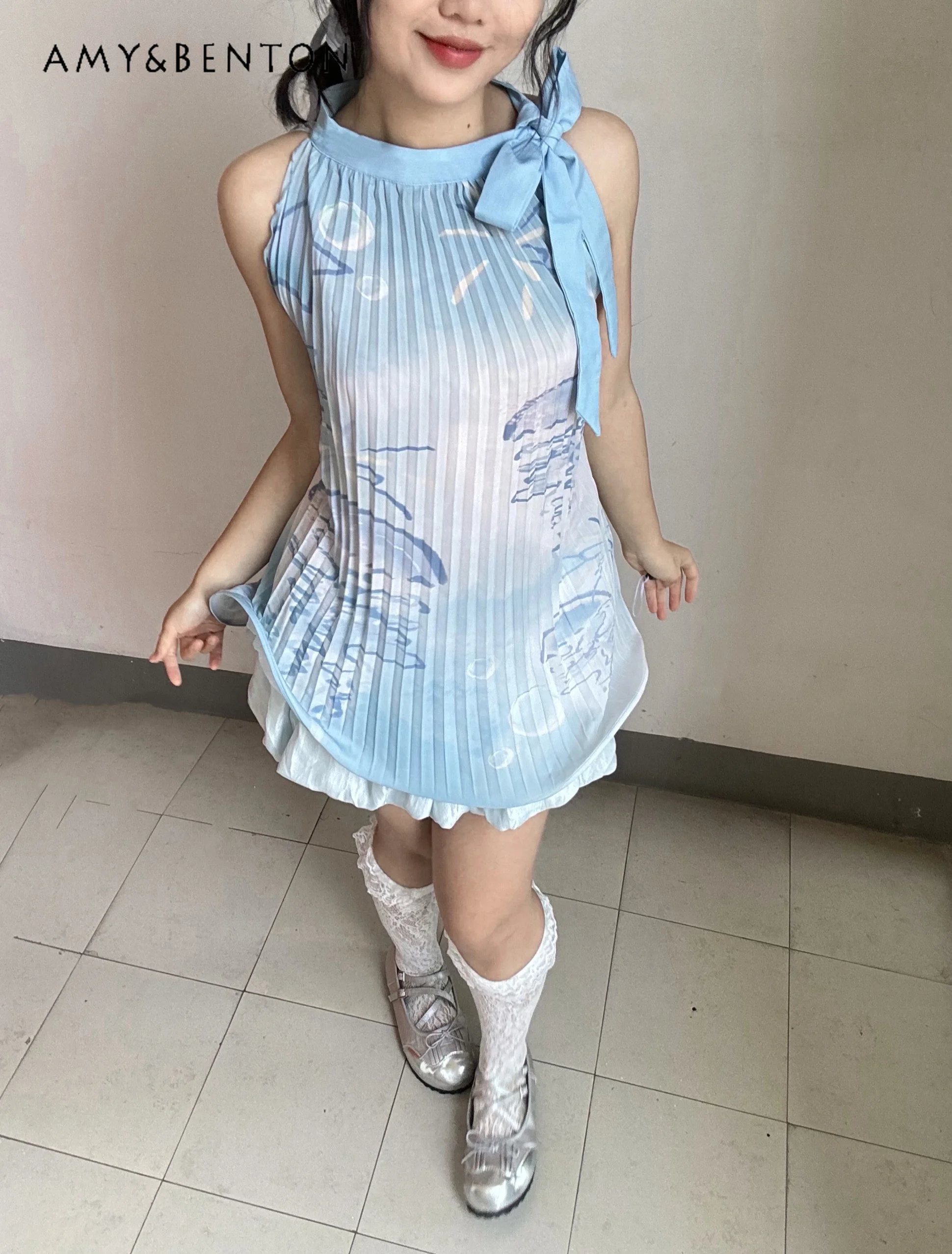 Abito sottoltura stile punk cartone animato stampato a lisca di pesce per le donne Gotico dolce ragazza cool halter onda abito in chiffon Y2K abiti tutu