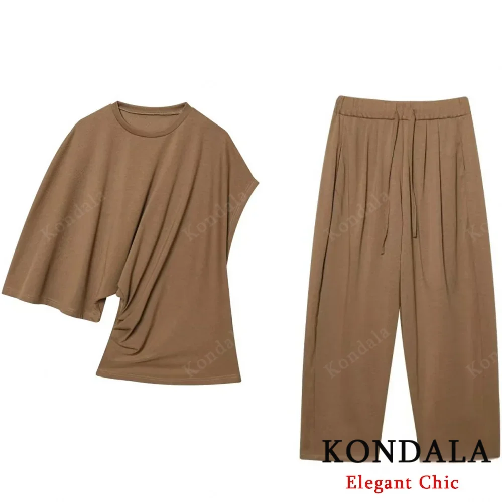 

KONDALA Vintage Chic Asymmetrical Suit Women's O-Neck Top Or Long Pant 2025 Spring Fall Fashion High Street Holiday Pant Set