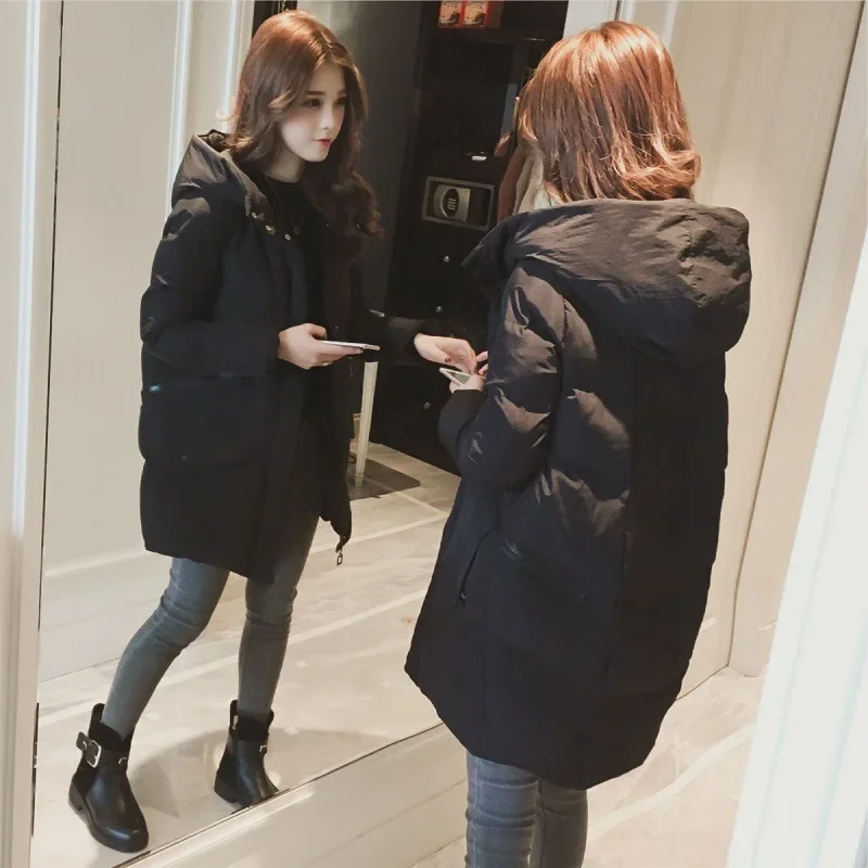Women's Medium-length Down Cotton Coat Winter Loose Hooded Thickened Zippers  Pockets Student Puffer Jacket Ladies Outerwear