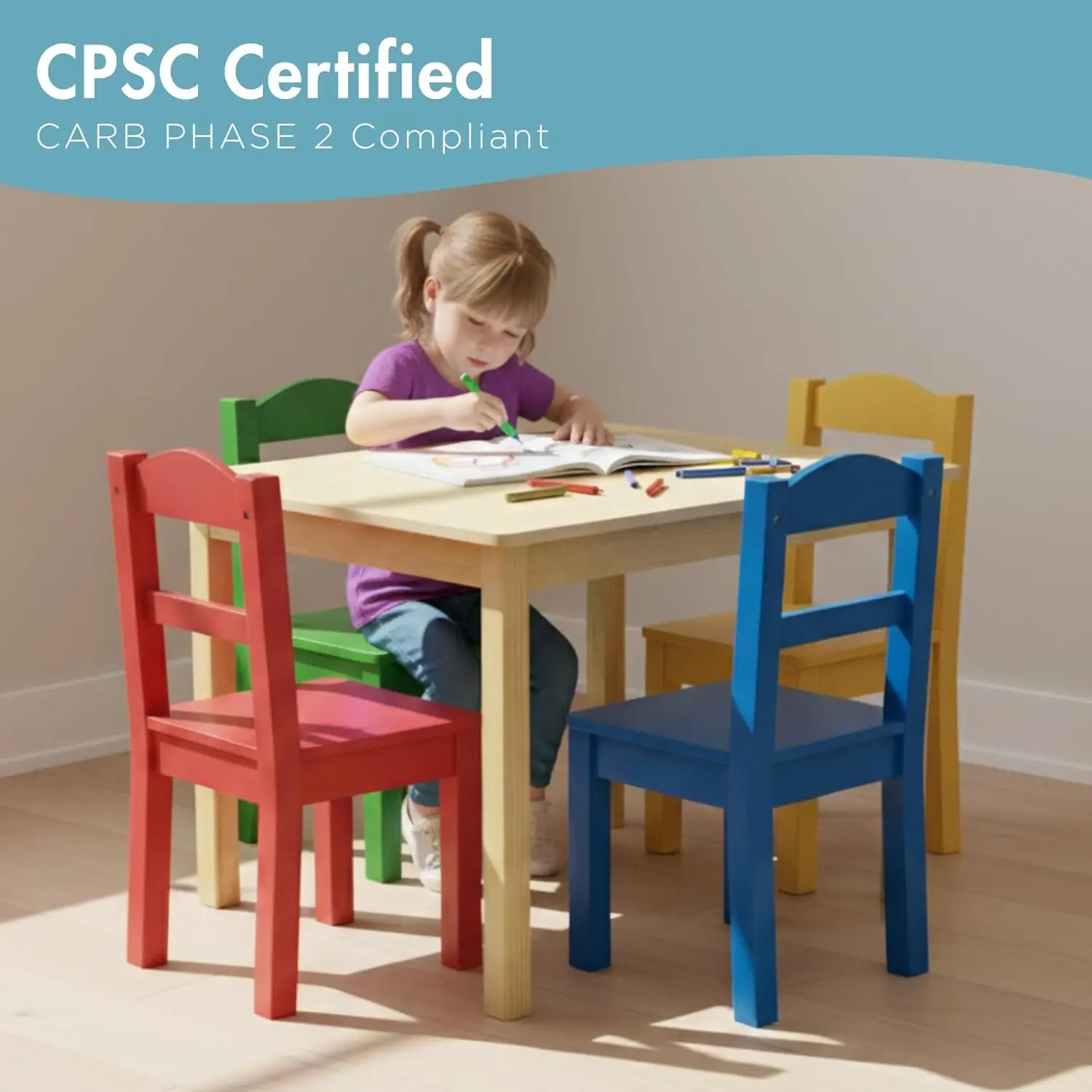 Kids Wooden Table and 4 Chairs Set for Toddlers, Natural/Primary - Sturdy Activity Table for Arts, Crafts, Snack Time