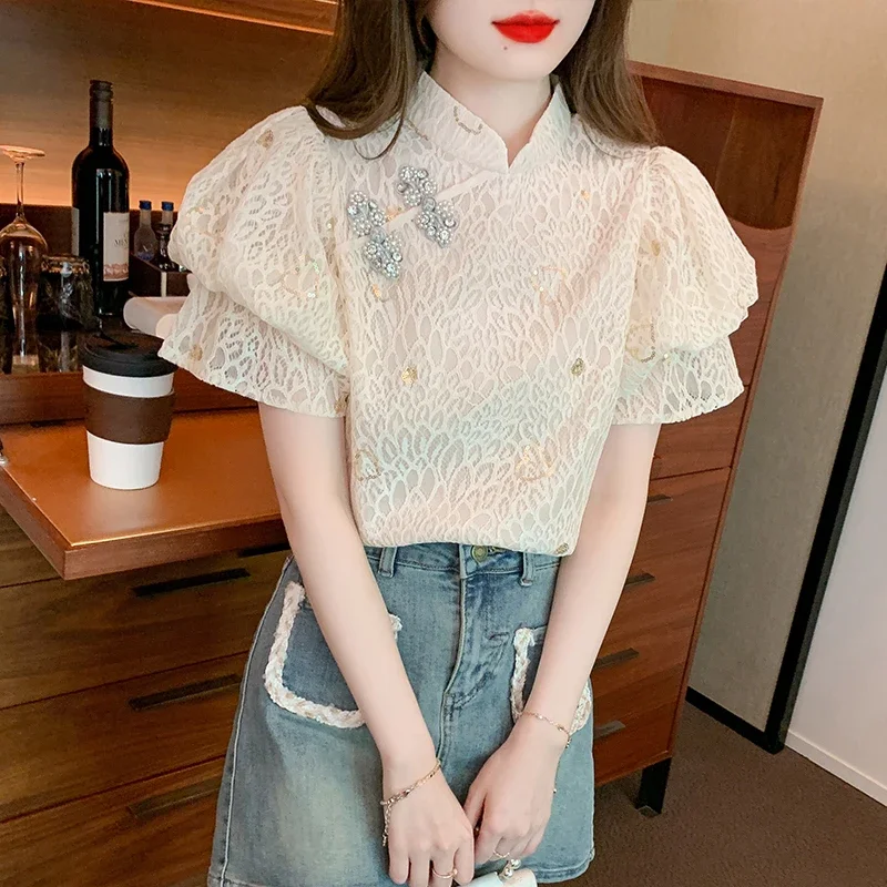 New Summer Women Blouse Short Sleeve Stand Collar Lace Fashion Blouse Shirt Women Tops Blouses Shirts Camisas Blusa Blusas J764