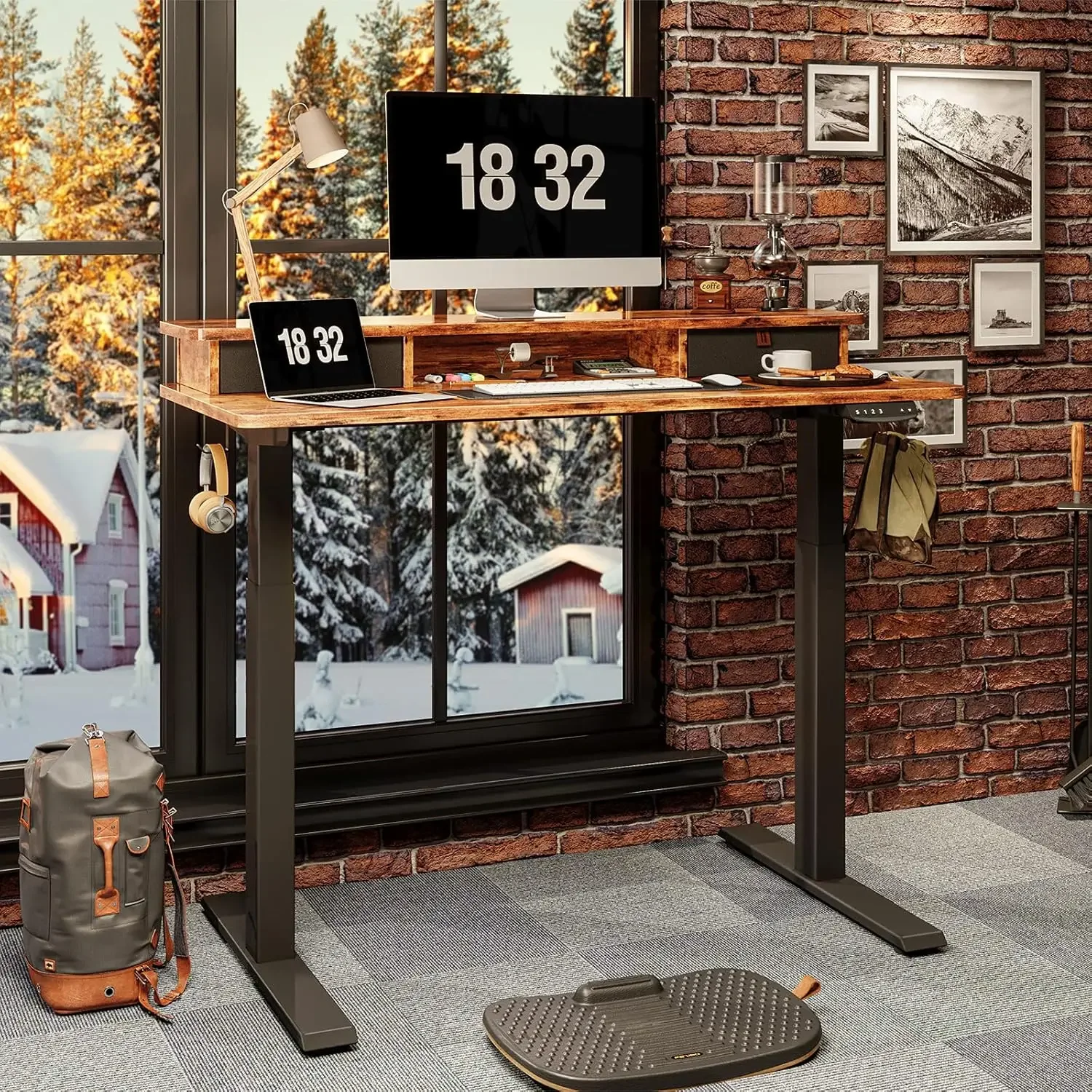 Electric Standing Desk with Double Drawers, 48x24 Inch Height Adjustable Sit Stand Desk with Storage Shelf