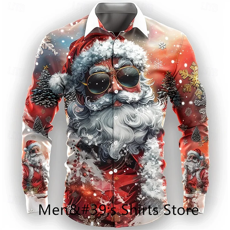 Happy New Year Santa Claus Casual Men\'s Button Shirt Long Sleeve Party Evening Daily Autumn Winter Spring Summer Lapel Shirt Red