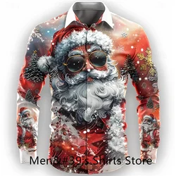 Happy New Year Santa Claus Casual Men's Button Shirt Long Sleeve Party Evening Daily Autumn Winter Spring Summer Lapel Shirt Red