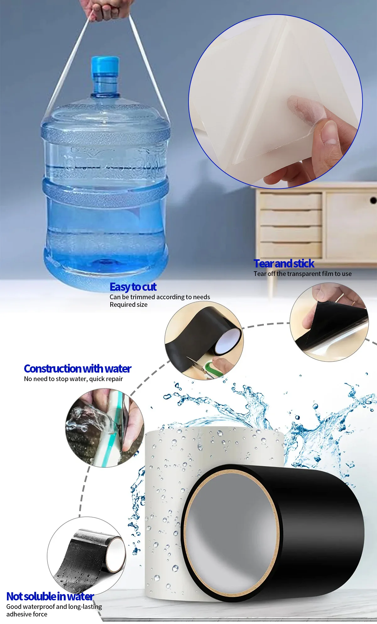 Wasserdichtes Klebeband zur Leckreparatur – robustes Dichtungsband für Pool, Dach, Rohre, Zelt, Becken – sofortiges wasserdichtes Pflaster – Detail 2