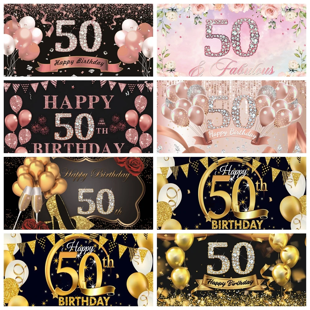 

Laeacco Happy 50th birthday Photography Backdrops Glitter Champagne Balloon Birthday Party Photographic Backgrounds Photo Studio