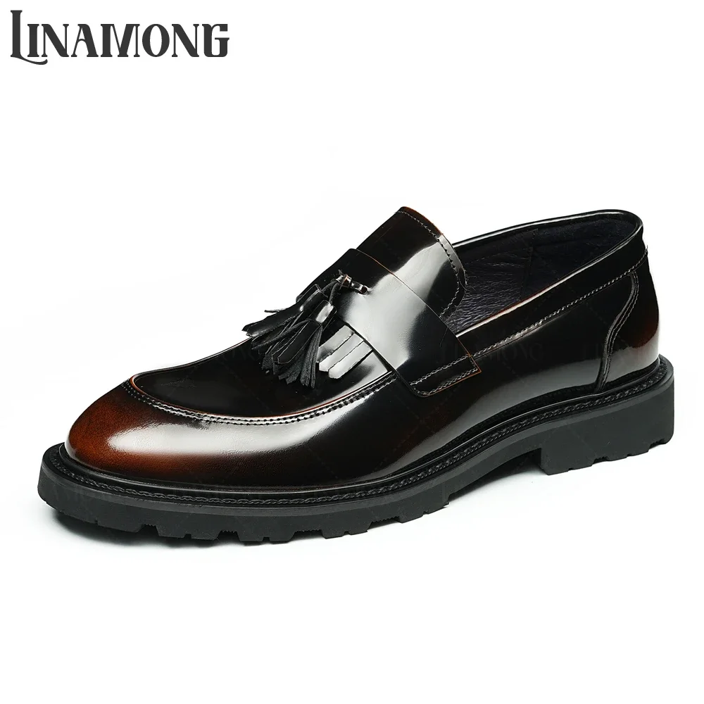 

Polished Patent Leather Tassel Loafers Genuine Leather Slip-On Business Dress Shoes Elegant Style Leather Shoes Banquet Wedding