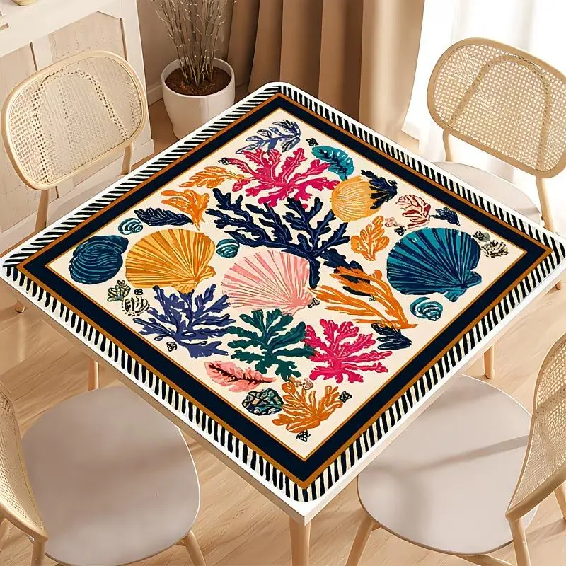 Square Mahjong Table Mat, Ocean Shell Coral Underwater Printing Anti slip Noise Reduction Game Mat, Table Game Desktop Decor
