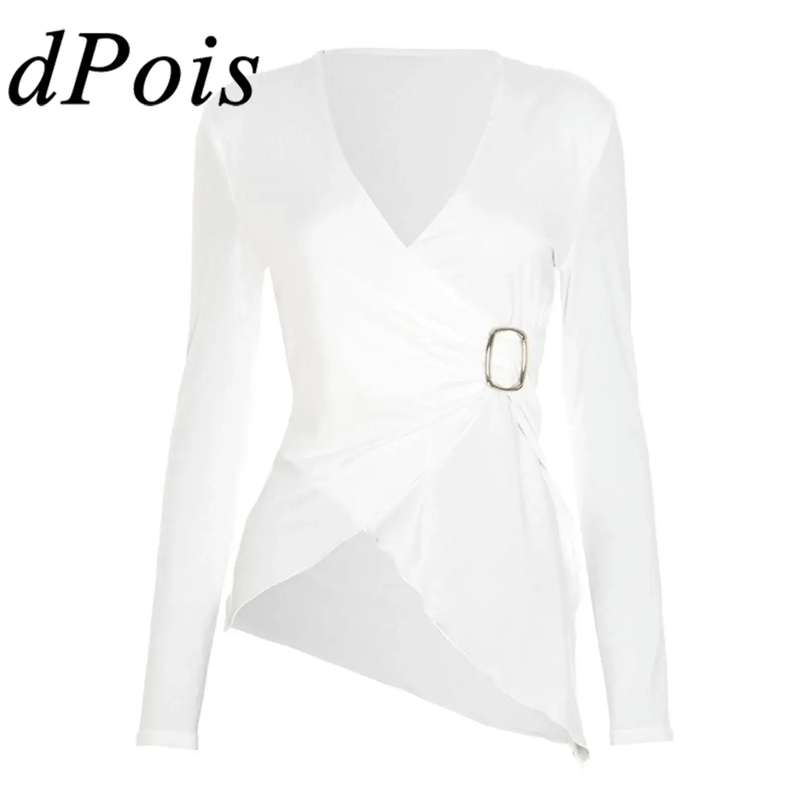 Camicetta asimmetrica da donna Top alla moda con scollo a V Manica lunga con volant T-shirt avvolgente per camicette da festa da club Abiti da donna di moda