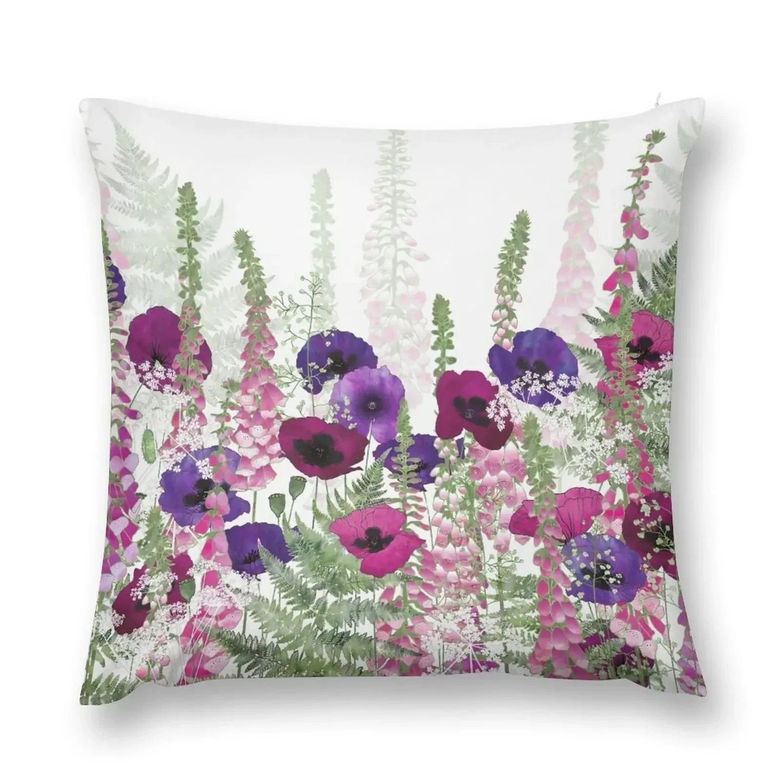 

Purple Poppies, Pink Foxgloves & Ferns Throw Pillow Sofa Decorative Covers Decorative Cushion Cusions Cover pillow