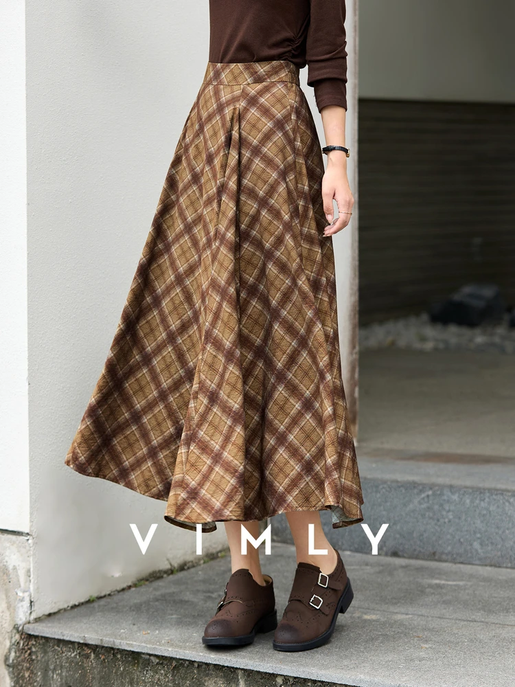 

VIMLY Long Skirt Women Casual Plaid Folds A-Line Female Skirts Autumn 2025 Vintage High Waist Zip Up Maxi Ladies Skirts A3790