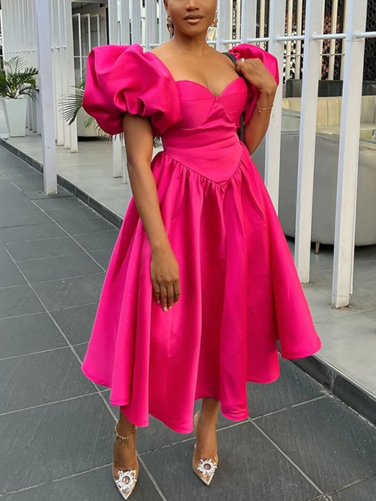 Classy A Line Dresses for Women Sweetheart Neck Puff Sleeves Backless Pleated Midi Dress Summer Elegant Sweet Casual Party Wear