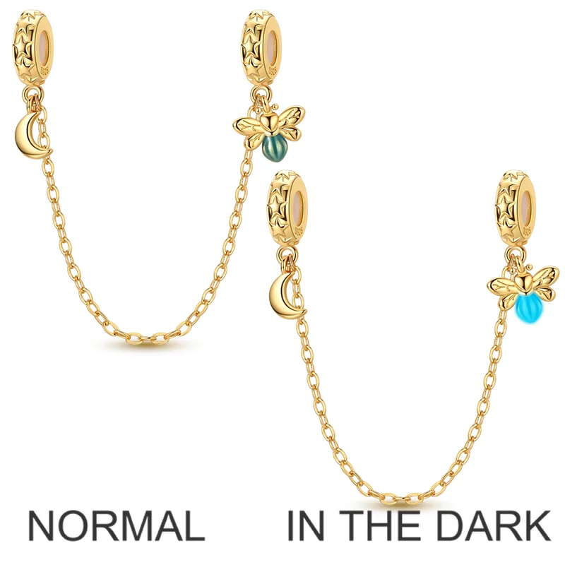 

Classic Safety Chain Inlaid 925 Sterling Silver Zircon Luminous Firefly Sun Moon Charms Bead Fit Original Bracelet DIY Jewelry