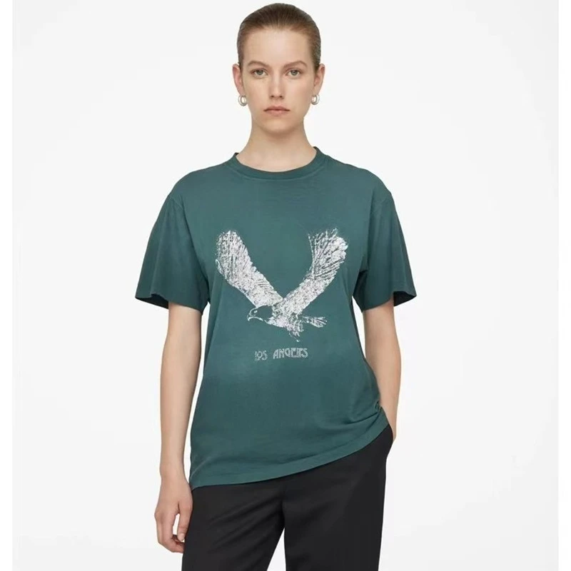 

2025 Early Spring New Classic Eagle Print Dyed Fried Color Spray Horse Willow Green Short-sleeved T-shirt