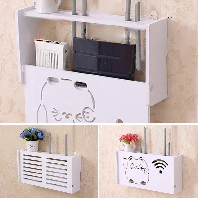 New Wifi Router Shelf Storage Boxes Cable Power Plus Wire Bracket Storage Box Wood-Plastic Wall Shelf Hanging Plug Bracket Box