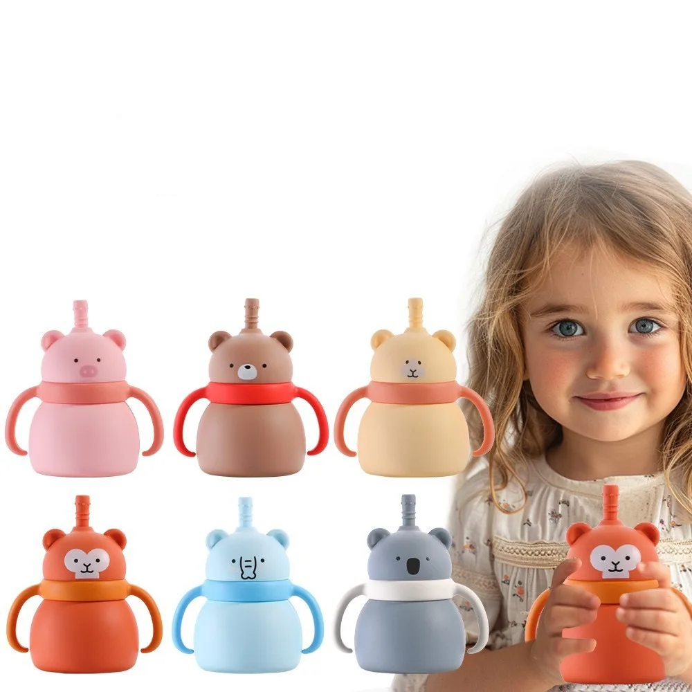 

100ML Sippy Baby Cup Double Handles Cartoon Animals Toddler Sippy Cups with Handles Non-Slip Grip Drinking Cups with Straws