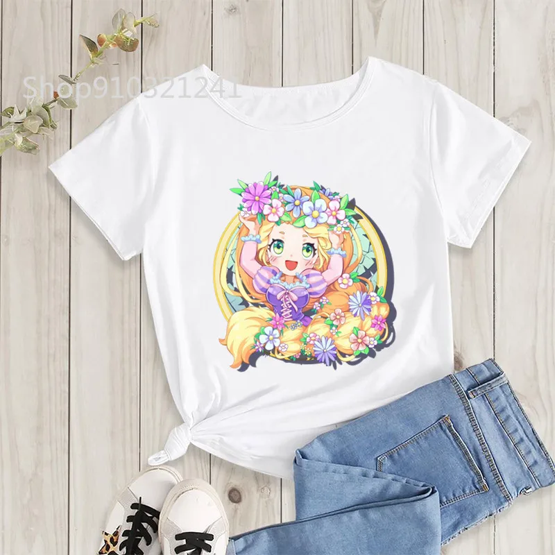 Elsa Process Printed T Shirts Girls Flower Cute Cartoon Belle Tshirt Female Hipster Short Sleeve Crewneck Tshirt Summer Top