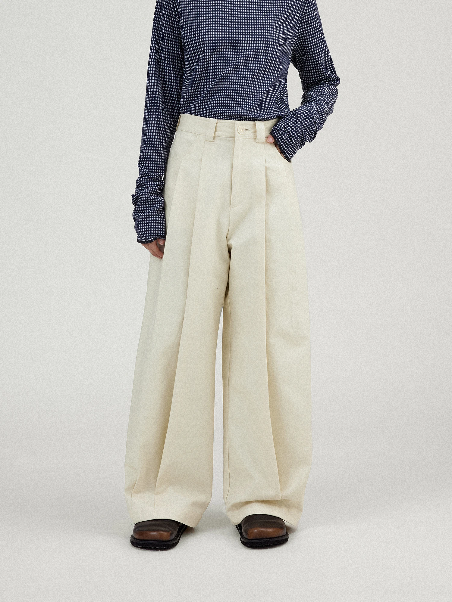 Retro Latte 00% Cotton Fce Women's Casual Pants High Waist Straight Leg Pleated Design Comfortable Loose Fit Long Trousers