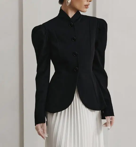 

Elegant Retro Stand Up Collar Black Autumn and Winter Temperament, Elegant Commuter Bubble Sleeve Small Suit