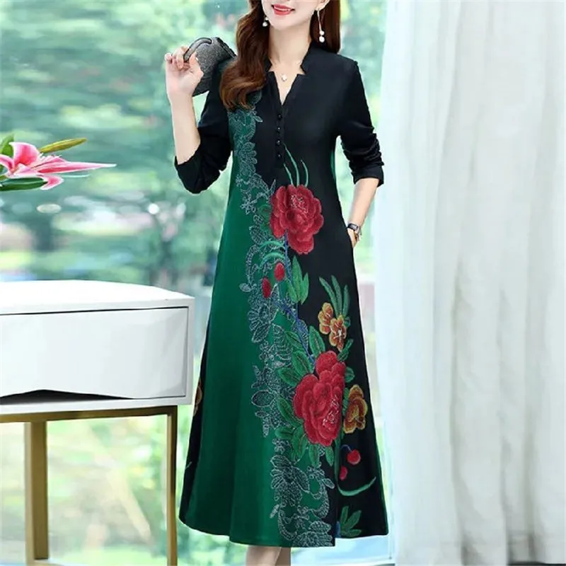 Fdfklak New Mother's Clothing Spring Autumn V-Neck Women Long-Sleeve Nightdress Plus Size Elegant Print Nightgowns Female Dress