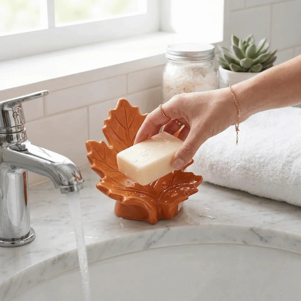 Resin Soap Tray Maple Leaf Shape Glossy Surface Storage Ornament Thickened Construction Embossed Vein Details Household Decor