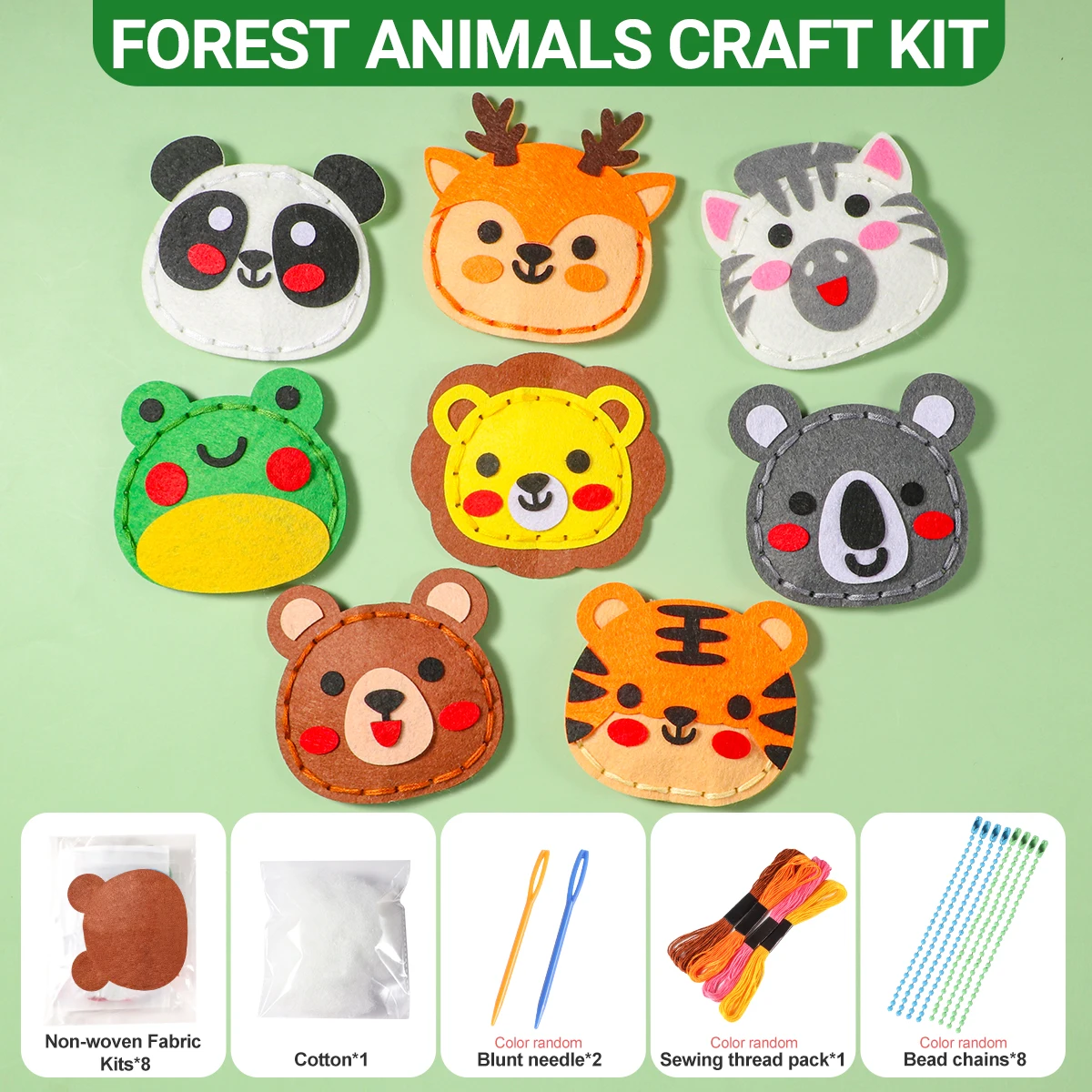 Kit de costura DIY de animales del bosque de 8 piezas, paquete de Material de artesanía para principiantes, colgante de Panda de tigre de dibujos animados, regalo de cumpleaños Cr