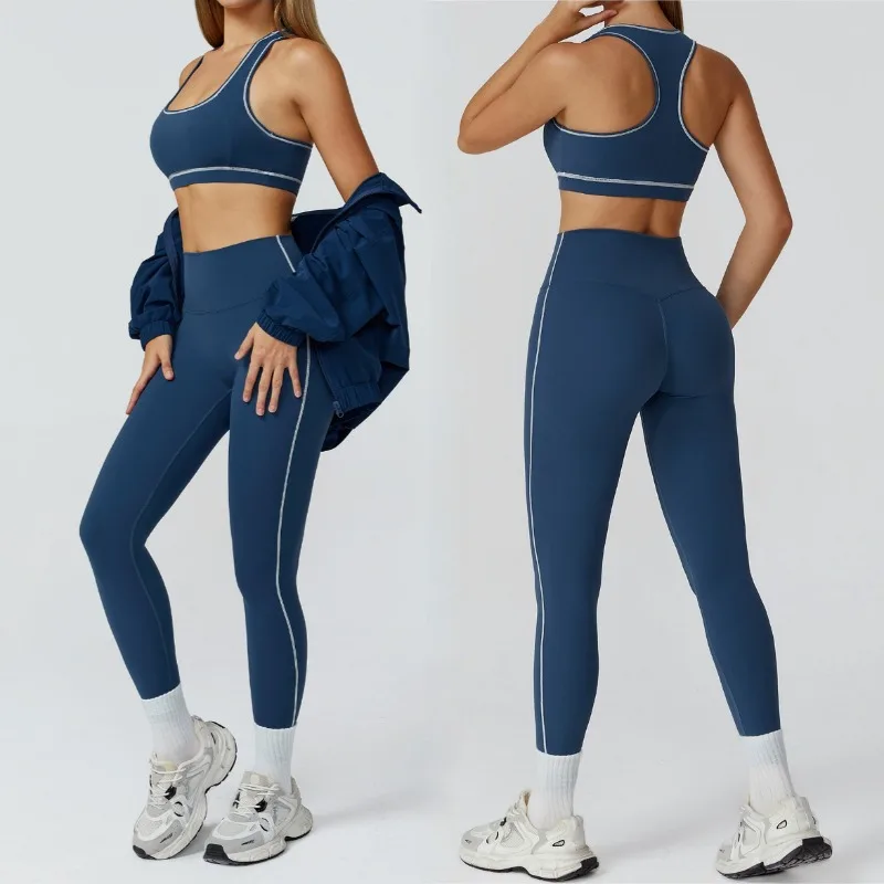 

Женский комплект для йоги, спортивный бюстгальтер с начесом на молнии, облегающее пальто с высокой талией, узкие брюки с подъемом бедер, фитнес, отдых, бег, комплект из 3 предметов