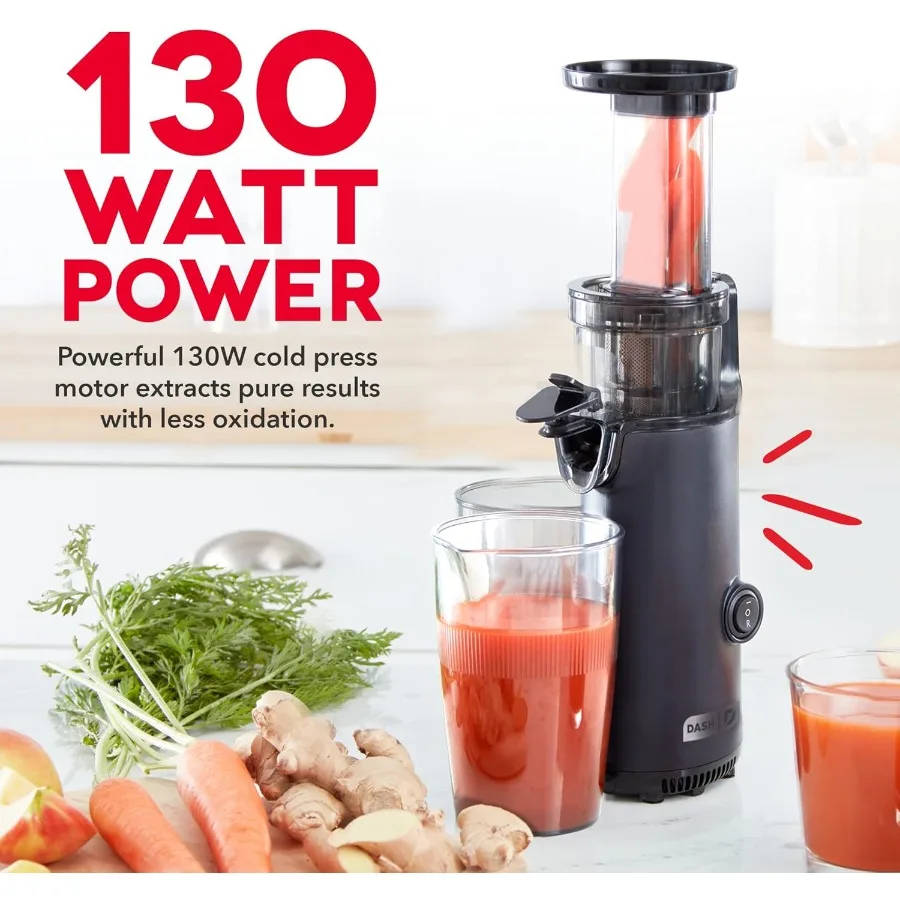 デラックスコンパクト低速ジューサー、簡単洗浄設計、コールドプレス技術、洗浄ブラシ、果肉計量カップ付き
