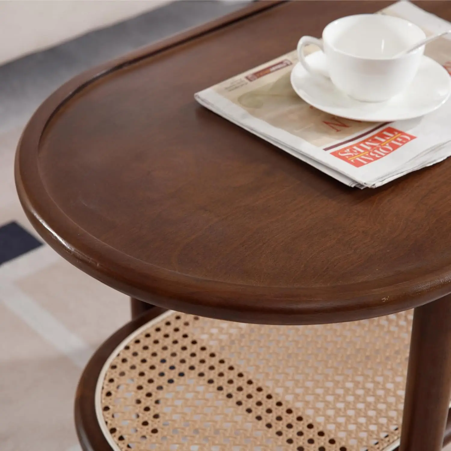 Walnut Rattan Coffee Table, 39.5 Oval Center Table with Storage Shelf, Modern 2-Tier Wood Side Table for Bedroom Small Space
