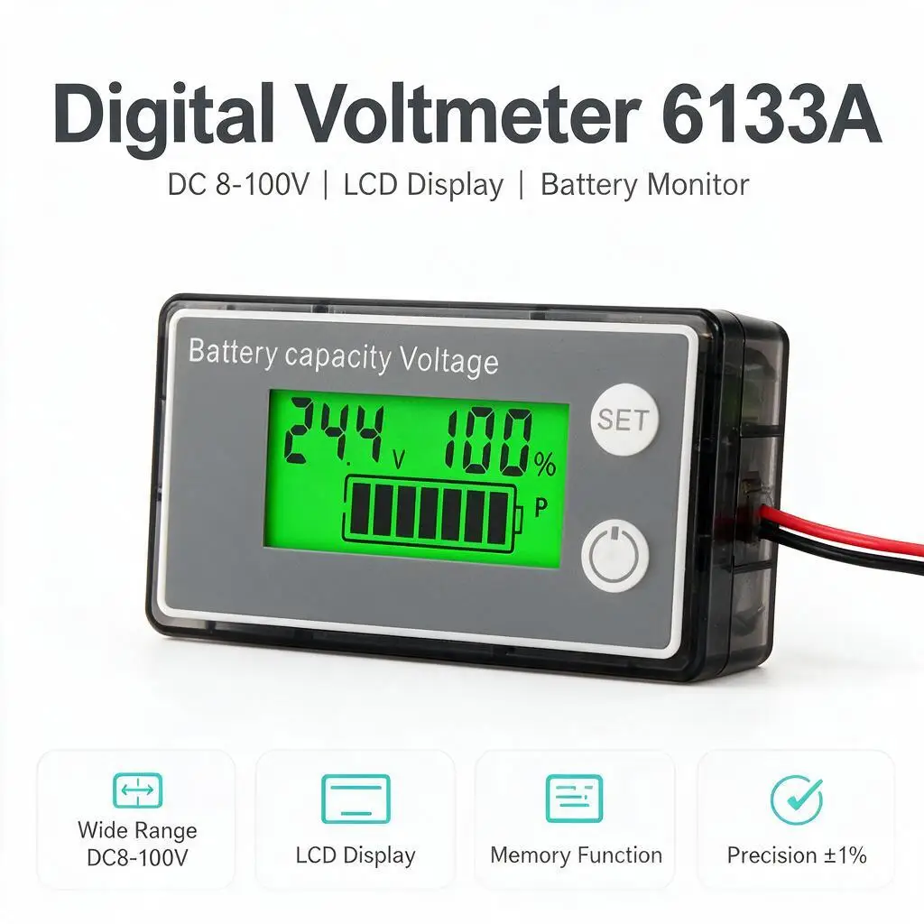 6133A DC8‑100V Digital Voltmeter Semi‑Transparent Shell Non‑Waterproof 2‑Wire LCD Screen for Acid Lithium Battery