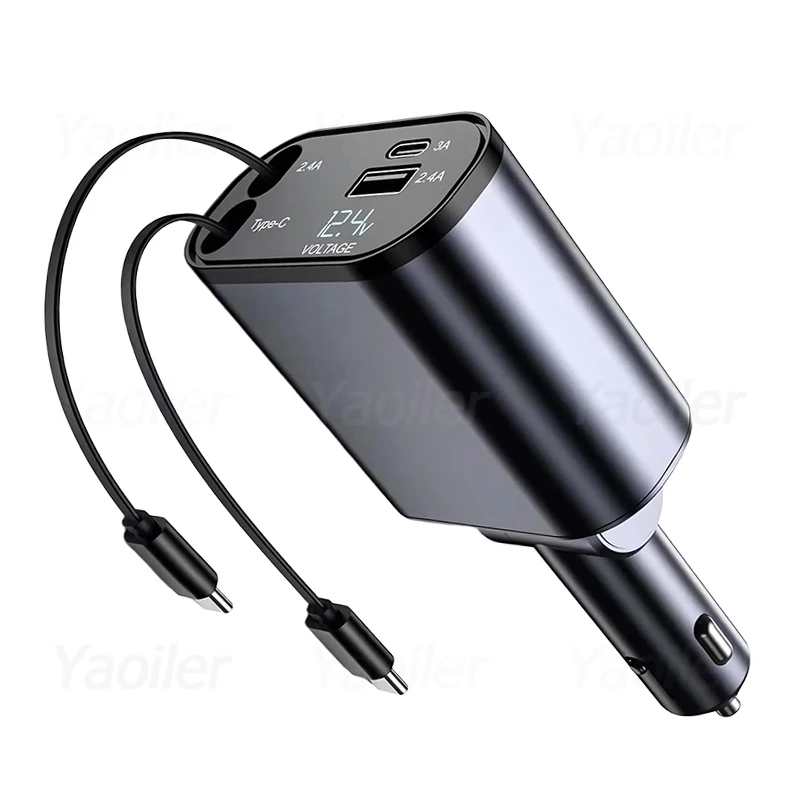 120W Retractable Car Charger, 4 in 1 Fast Car Phone Charger 66W, 2 Retractable Cables and USB Car Charger, for iPhone Samsung