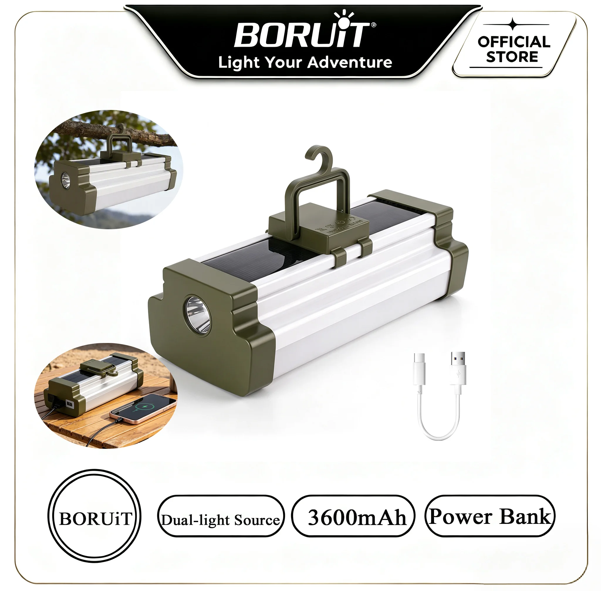 BORUIT Solar Camping Tent Light 3600mAh Rechargeable LED Lantern 6 Modes With Hook Power Display For Hiking Emergency Outdoor