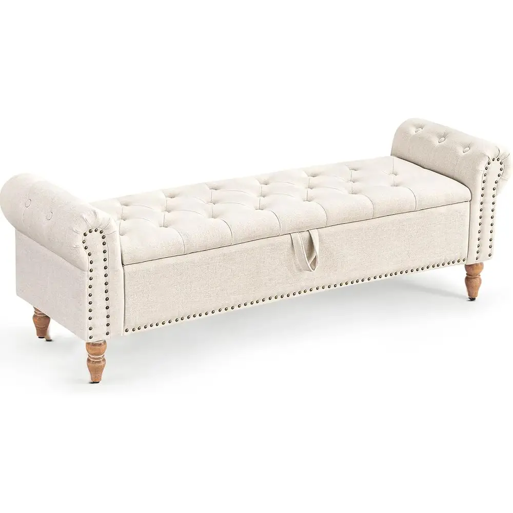 Banco Otomano Grande Tapizado con Diseño de Botones, Ideal para Dormitorio, Sala de Estar, Color Beige Lino