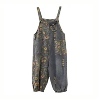 Casual Oversized Print Floral Denim Overalls For Women Loose Wide Leg Mom Jeans Rompers And Jumpsuit Cargo Straps Baggy Pants - Image 3