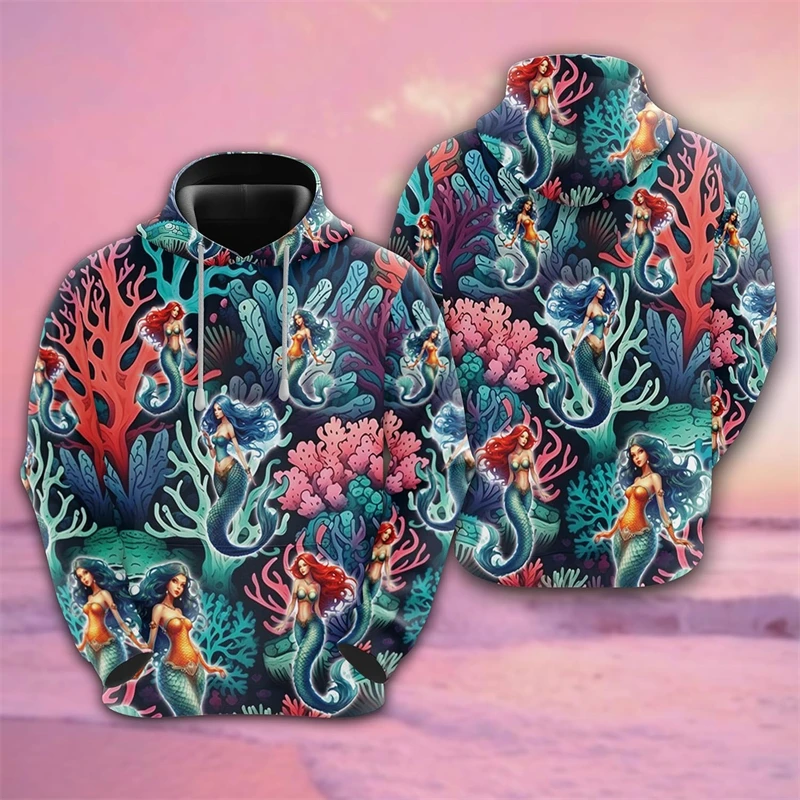 Hawaii Style Mermaid Hoodie Men's 3D Print Undersea Coral Leaves Loose Sweatshirt Personality Fashion Autumn Trend Clothes Coat