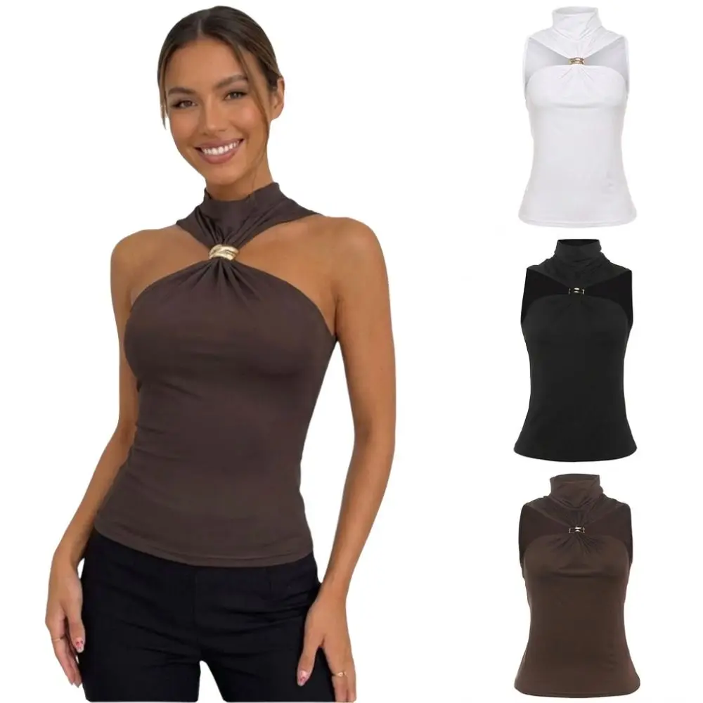 Elegant Ruched Halter Neck Top Cropped Stretchy Sleeveless Tank Top Solid Color Metal Ring Fitted Blouse Casual Wear