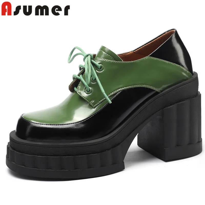 ASUMER 2024 New Genuine Leather Lace Up Shoes Woman Ladies Thick High Heels Dress Pumps Platform Spring Mixed Colors Shoes