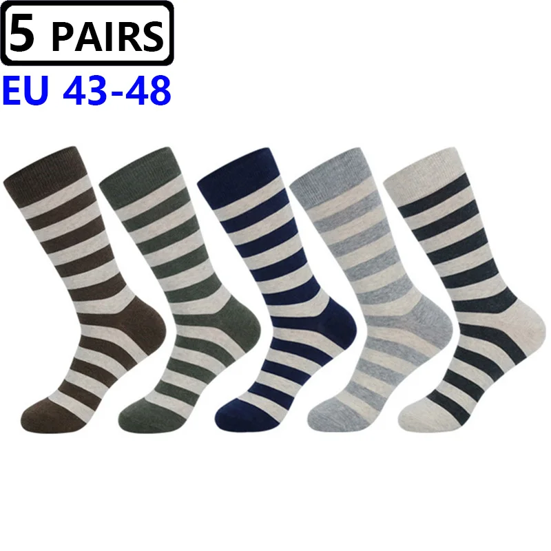 5 Pairs Plus Size EU 46,47,48 Men Socks Colorful Striped Combed Cotton Dress Casual Big feet Large Socks Male Mid Long Tube Sock