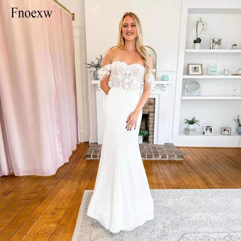 

Fnoewx Boho Sweetheart Mermaid Wedding Dress Vintage Short Sleeves Satin Bridal Gown Civil Lace Appliques Vestidos De Novia Boda