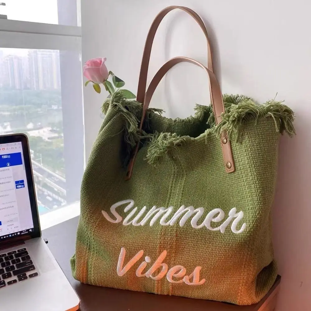 Tassel Shoulder Bags Durable Embroidered Alphabet Large Capacity Tote Bag Canvas Shopping Bag Women