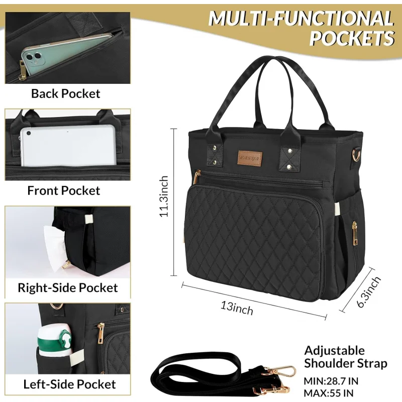 Large Insulated Lunch Bag Work, Women's Nylon Thermal Lunch Box, Leakproof Cooler Tote Bag with Storage Pocket (Black)