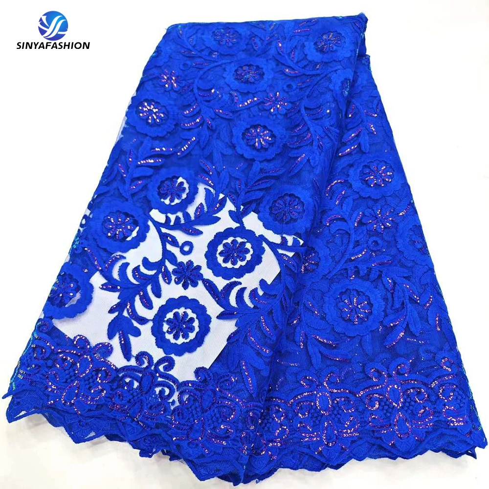 

Tim Embroidery Sequence Milk French African Tulle Lace Fabric High Quality Royal Blue Sequins Mesh Lace For Women Party Dress