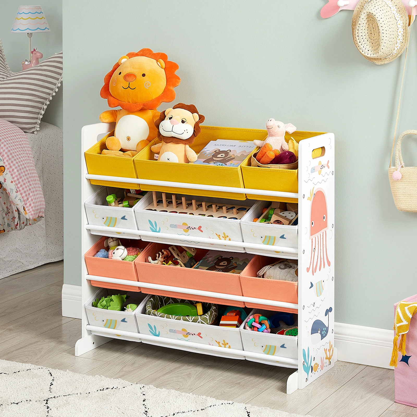 Étagère pour jouets enfant, Meuble avec 12 paniers, Organisateur jeux livres, 83 x 38 x 78 cm , Blanc