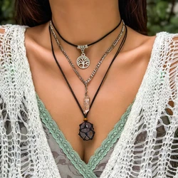 PuRui Vintage Natural Stone Beads Pendent Necklace for Women Crystal Charm Multilayer Rope Choker Neck Chain Jewelry Party Girls
